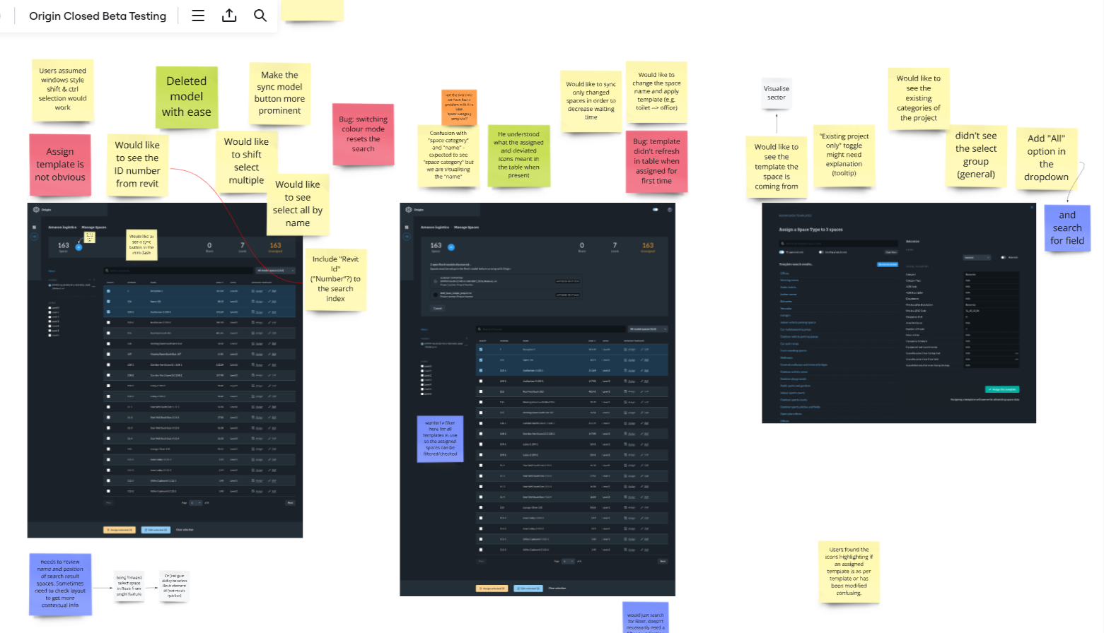 Miro board capture during live UX testing with MEP engineers, showing observations, issues, and quotes logged in real time