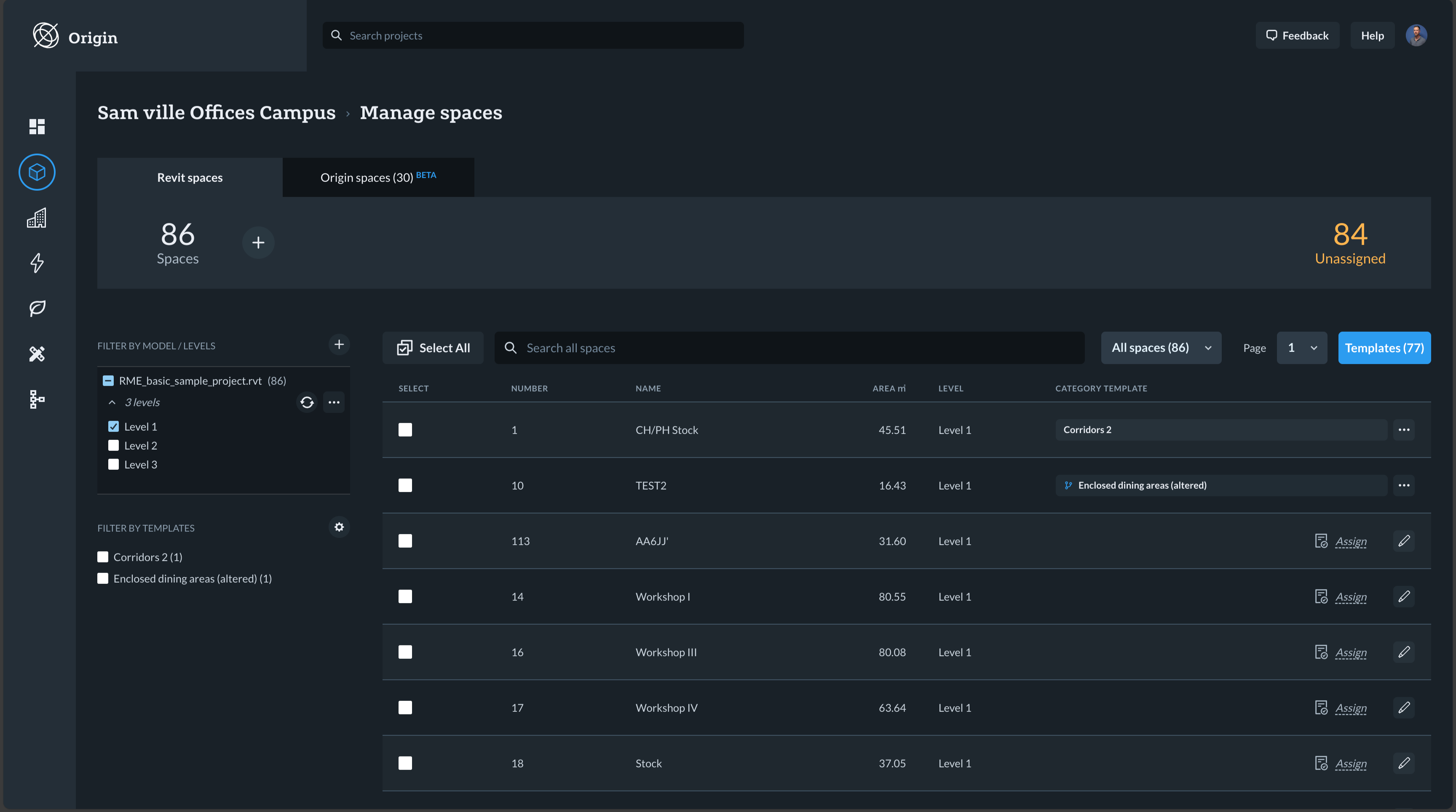 Origin webapp desktop interface showing parametric control palette and data-dense layout for managing architectural room design and engineering space data